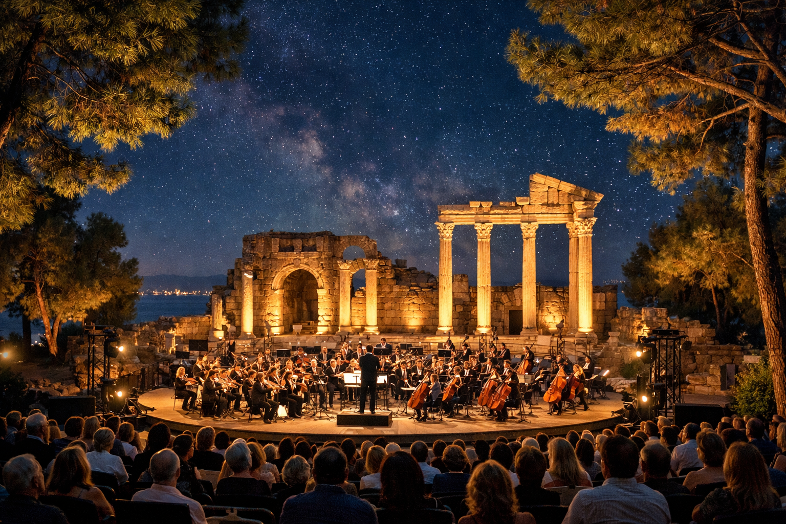 Antalya Akdeniz kıyısında açık hava sahnesi ve konser deneyimi